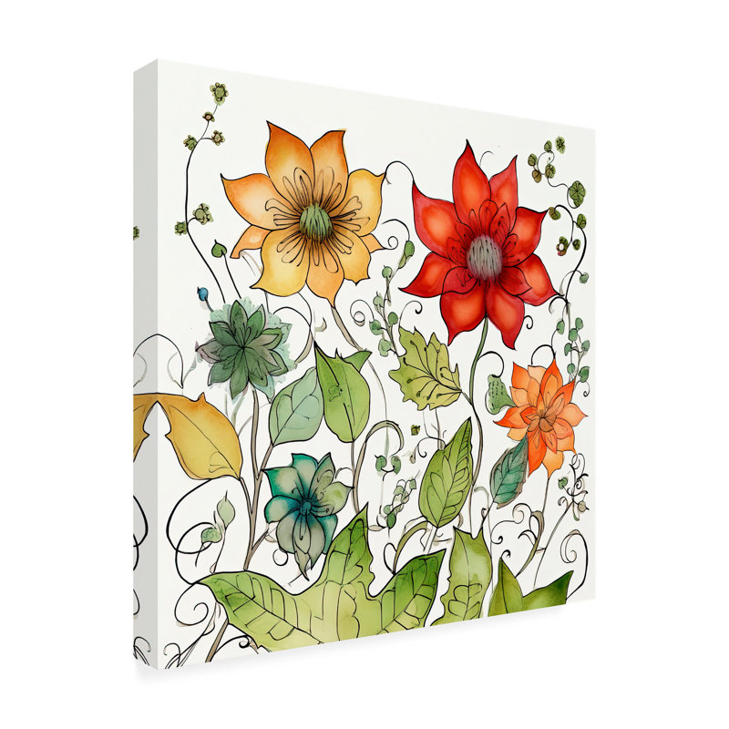 Symmetrical Floral Botanical Canvas Art with Wood Frame, 14" x 14"