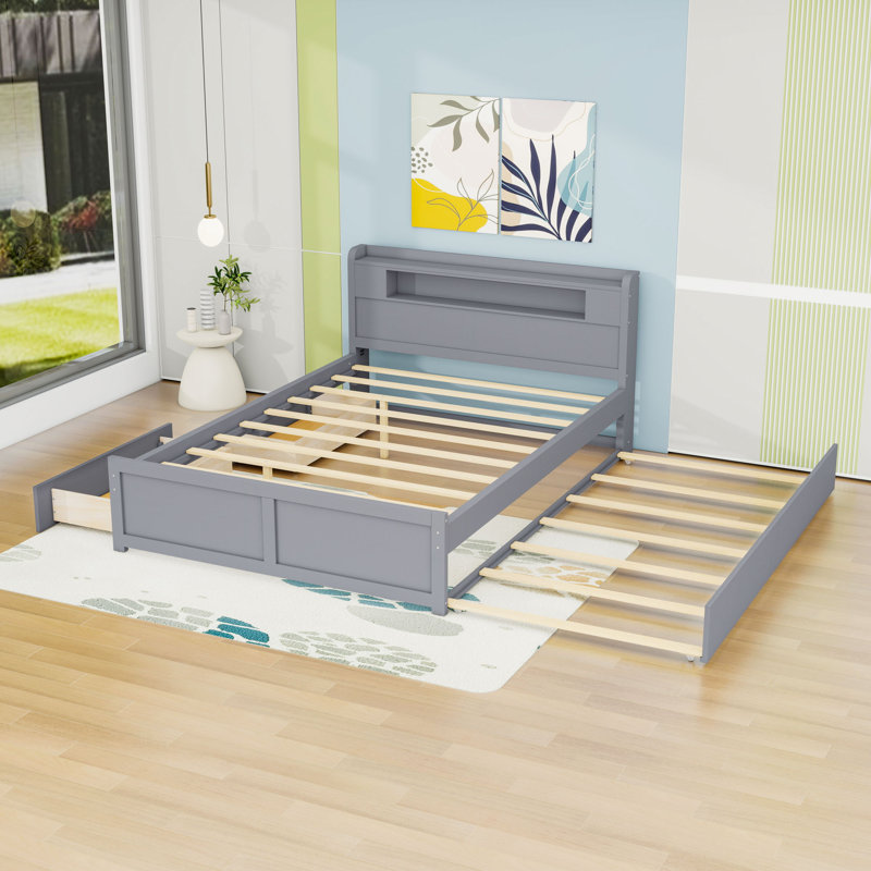 Grand lit plateforme en bois avec DEL, 2 tiroirs et lit gigogne, gris