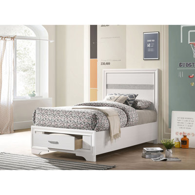 Lit de rangement simple blanc pour l'organisation de la chambre à coucher, avec vêtements et literie à tiroirs, finition intemporelle, stratifié en papier de bois massif, 114,35 lb avec tiroirs intégrés, décoration lumineuse,