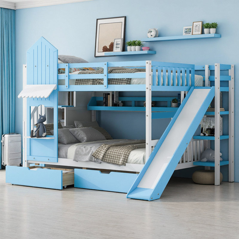 Lit mezzanine Enchanting, Bleu, Lit superposé double sur double