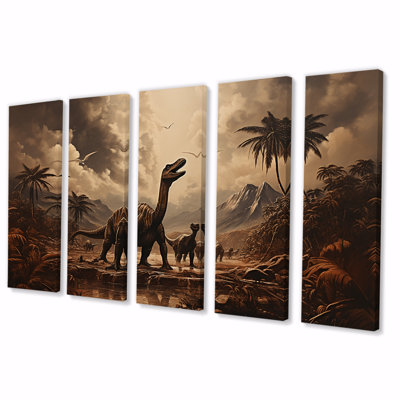 Vintage Jurassic Dinosaur Landscape II - Dinosaur 5 Piece Wall Art Set