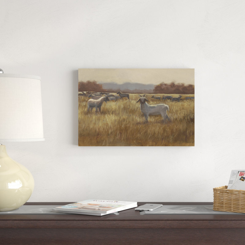 «Grazing Goats I», peinture sur toile, H 12 po x l 18 po