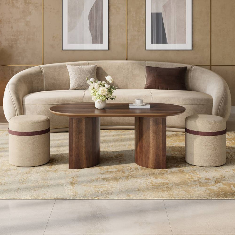 Ensemble table basse ovale en bois avec 2 poufs assortis (brun)