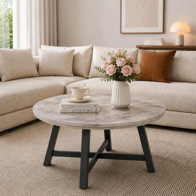 36" Round Coffee Table, Industrial Center Table for Living Room, Grey | X‑shaped cross base, 1.6" thick tabletop, stylish accent furniture for apartments, home office, small space, easy assembly