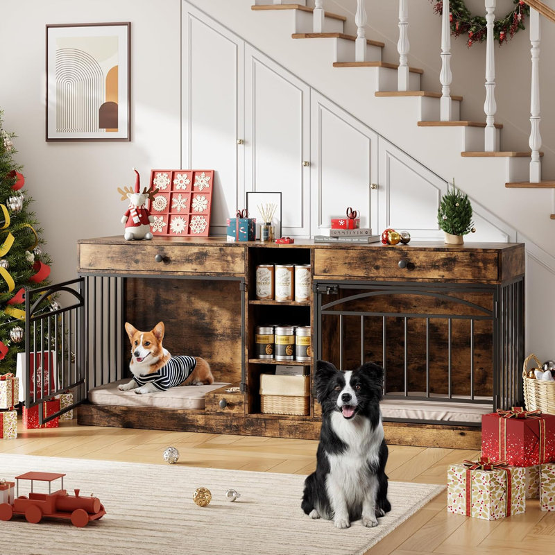 Meuble de cage pour chien pour 2 chiens, chenil intérieur avec bols de rangement et d'alimentation, meuble télé double avec cage pour petits chiens de taille moyenne, brun