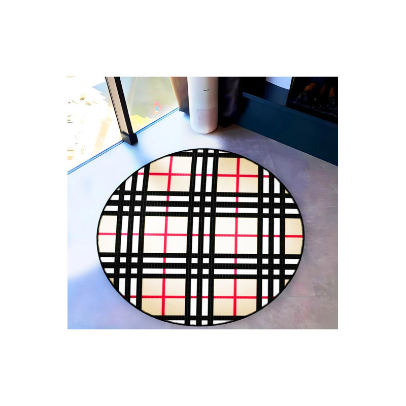 Beige Black Red Plaid Patterned Heart Detailed Woven Base Decorative Carpet, Round 4'