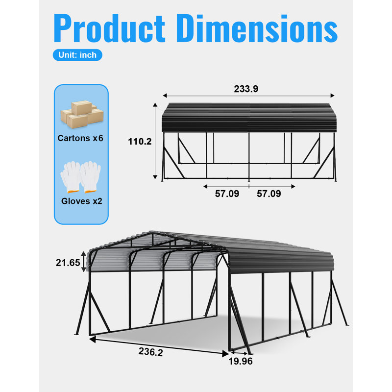 20 ft. W x 20 ft. D Heavy Duty Metal Carport, Outdoor Carport Canopy With Iron Roof, Durable All-Weather Carport For Cars, Trucks, Boats & Outdoor Equipment, Easy Quick-Install Assembly