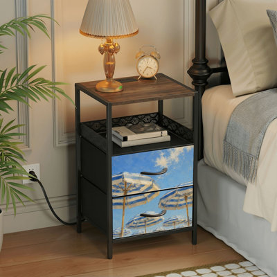 Table de chevet 2 tiroirs avec station de charge, table de chevet pour chambre avec ports USB et amp; Table de chevet noire Outlet avec imprimé de parasols de plage rayés blanc et bleu Outlets