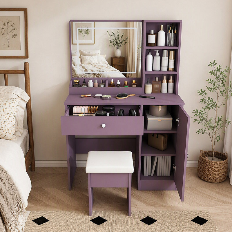 Ensemble de coiffeuse élégant avec tabouret rembourré et miroir lumineux à DEL réglable (3 modes de couleur), ensemble de coiffeuse de maquillage de chambre à coucher moderne