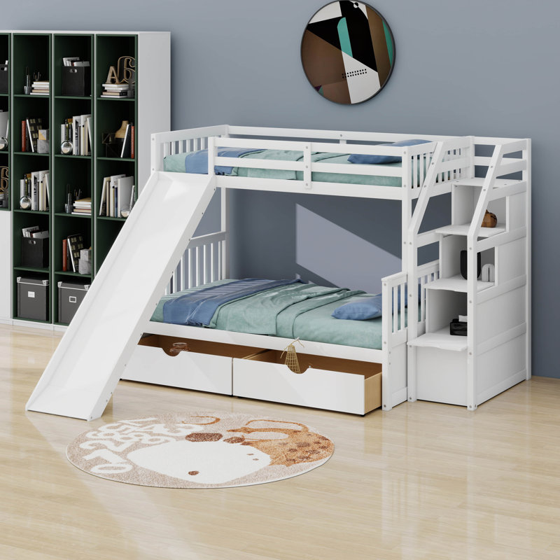 Twin Over Full Wood Bunk Bed With Slide,Stairs,And Storage Drawers, White