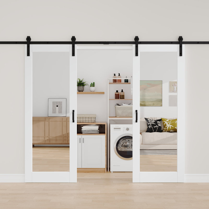 Porte de grange à double miroir pleine porte en bois massif avec ensemble de quincaillerie (avec fermeture en douceur)