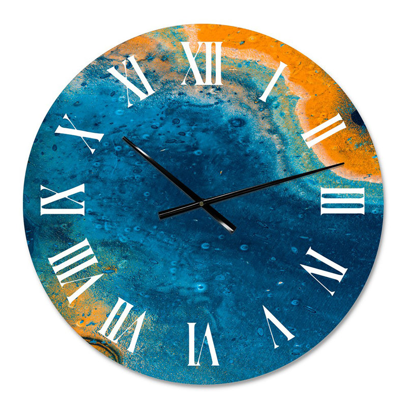 Composition abstraite de marbre en bleu et orange V - horloge murale moderne, Petit