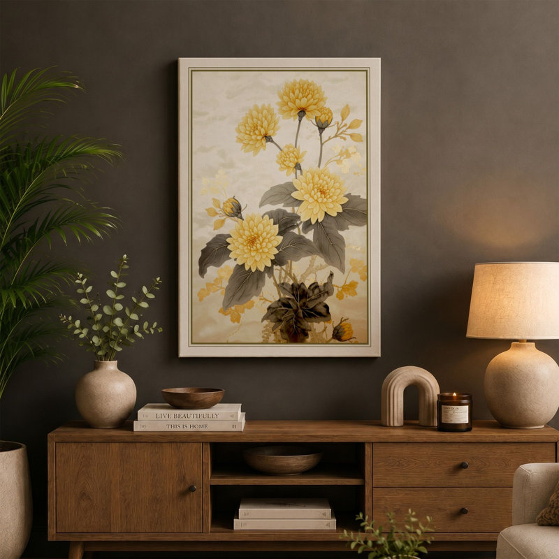 Chrysanthemum Study Botanical - Wrapped Canvas, 30x20 - 76.2 x 50.8 cm, Teal Border