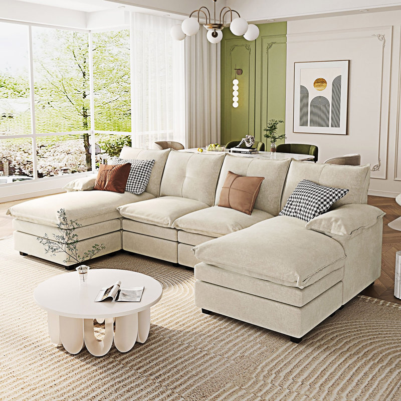 U-Shaped Sectional Sofa With Adjustable Armrest Pillows, Beige Polyester