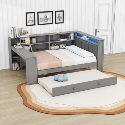 Wood Platform Bed with Twin Trundle, Desk, Shelves, LED Light and Charging Station