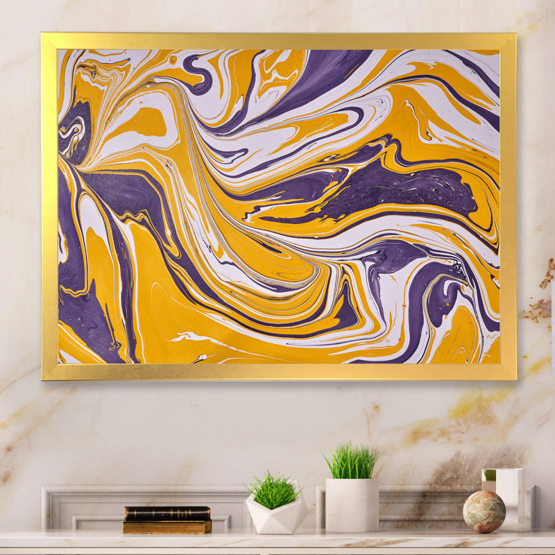 Jaune et mauve, art acrylique fluide - sur, Toile encadrée dorée, H 16 po x l 32 po x P 1 po