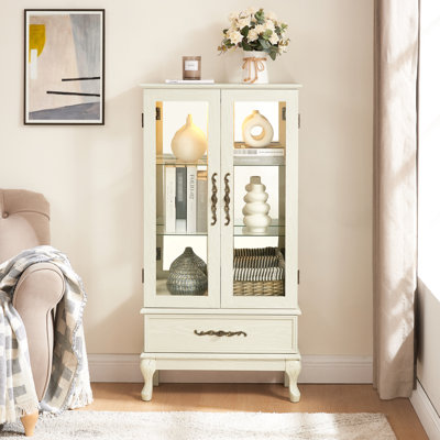 Armoire de style rétro avec tablettes réglables en verre et intérieur illuminé - Buffet blanc antique Curio
