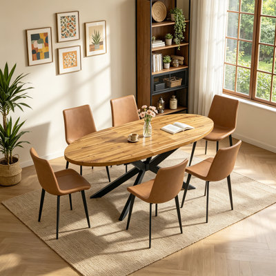 63.1"-78.8" Extendable Round Dining Table Set, 7-Piece Oval Kitchen Table with 6 Upholstered Dining Chairs 