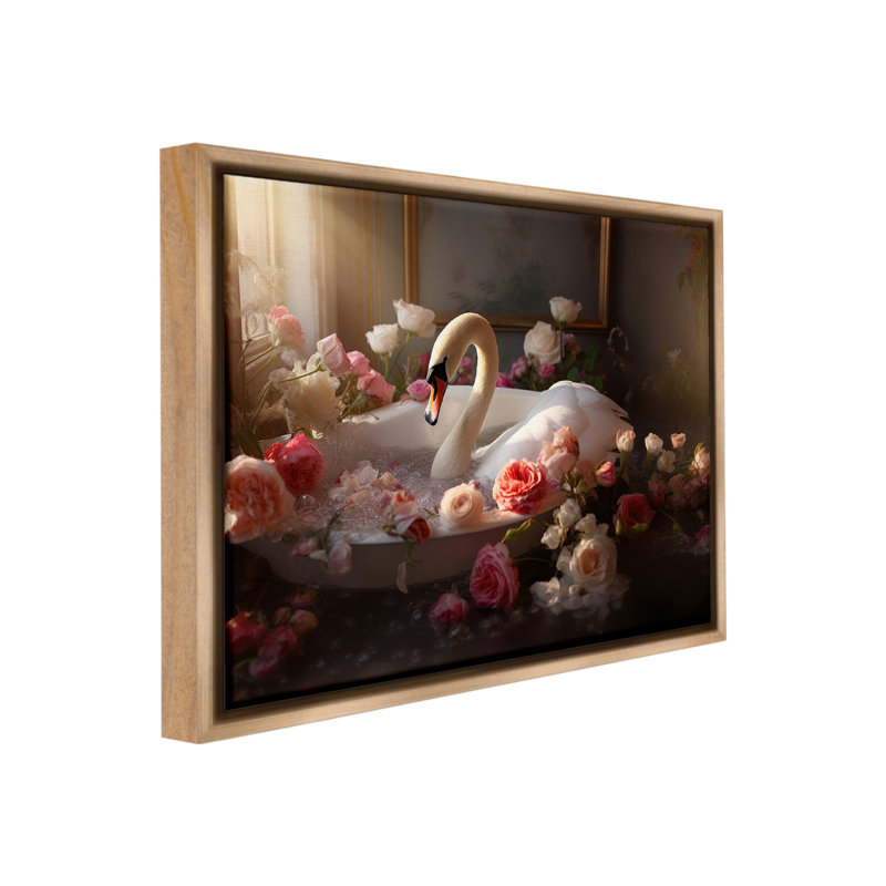 "Swan & Bathroom Roses" par Lazar Studio sur toile, Cadre flottant orme Montalcino, H 17 po x l 21 po