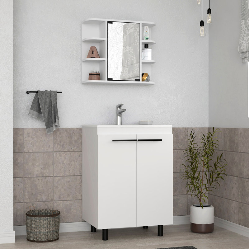 Élégante salle de bain blanche: meuble-lavabo avec rangement et miroir 2 pièces en blanc: généreux miroir intégré