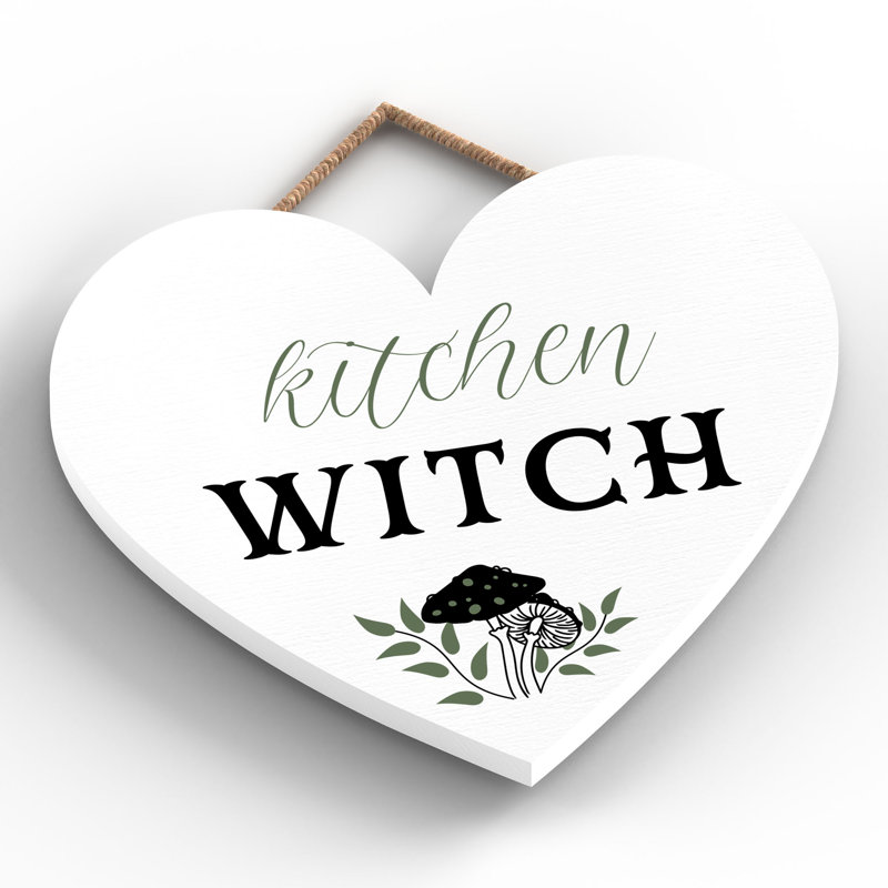 Kitchen Witch Mushrooms Wooden Heart Plaque, 16cm H x 17cm W x 0.9cm D, White