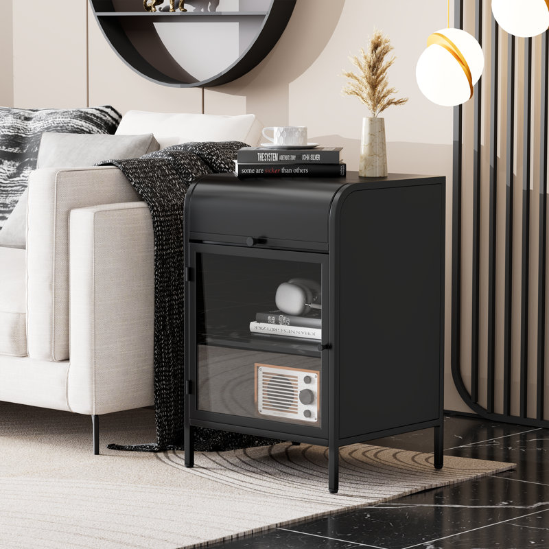 Usmon Modern Nightstand with Glass Door,Metal Side Table,Bedside Table With Flip-Top Storage, Black
