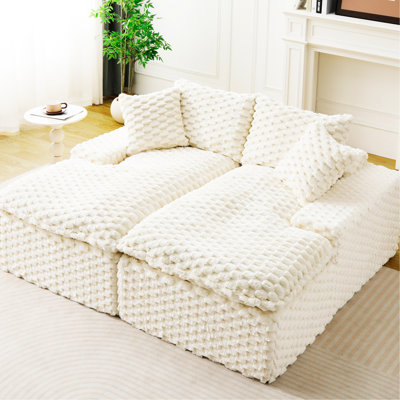 Chaise longue double blanche en velours de tortue, éponge pleine densité, espace compact dans un salon compact, revêtement en velours, éponge compressée pour une assise décontractée