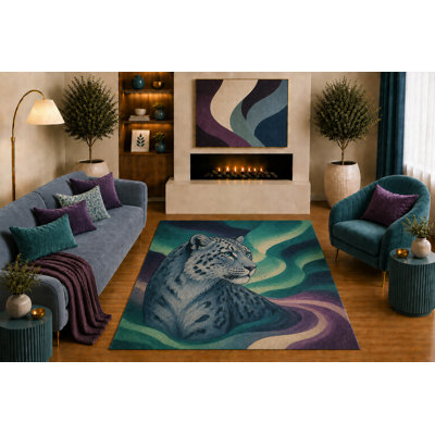 Tapis « Ultra Léger » 152 x 213 cm, motif léopard des neiges, portrait animalier moderne, bleu turquoise et violet, idéal pour le salon, la chambre ou le bureau. Dos en silicone antidérapant, poils courts.