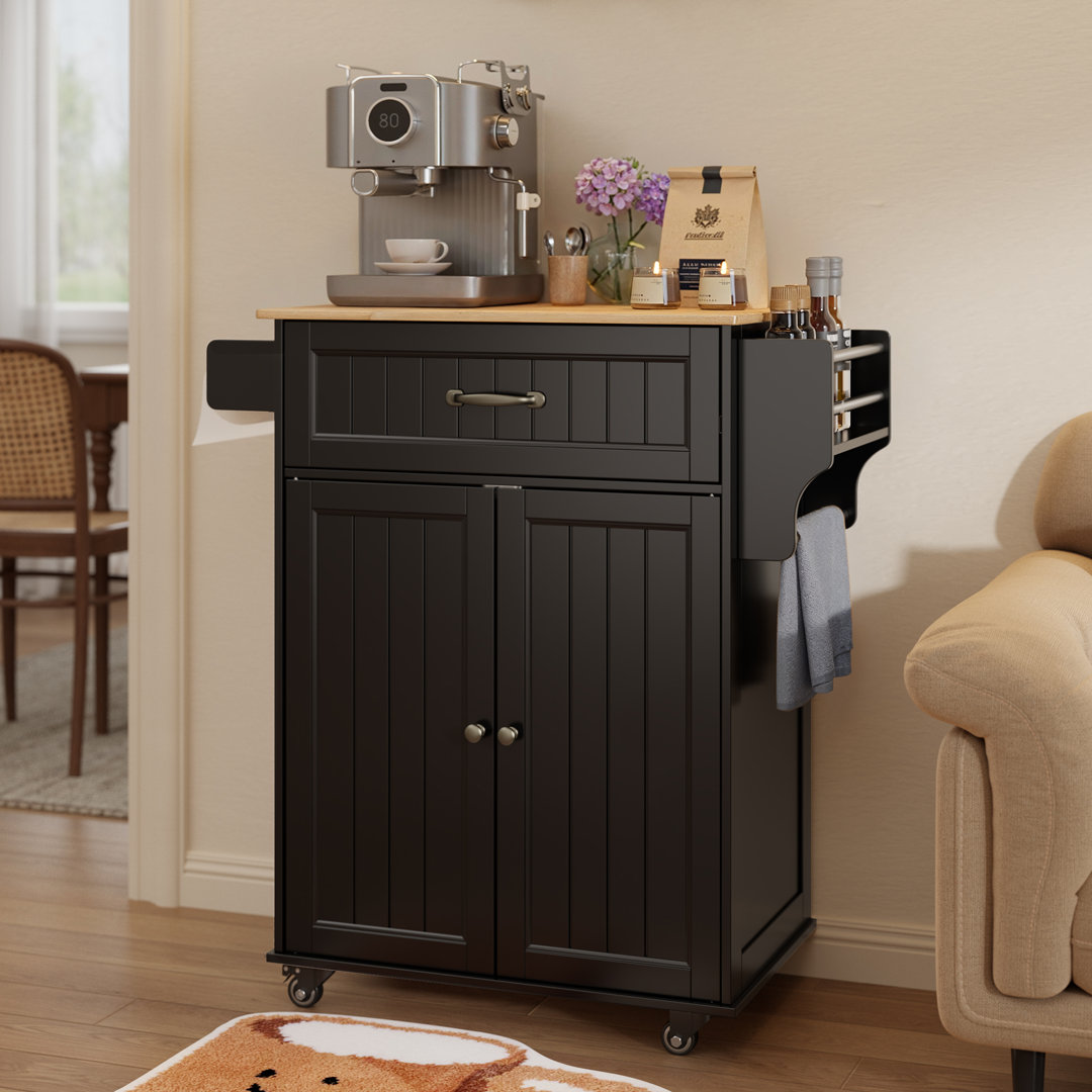 Lotosha 36″ Rolling Kitchen Island with Solid Wood Top, Drawer, Spice Rack & Towel Rack Winston Porter Base/Counter 