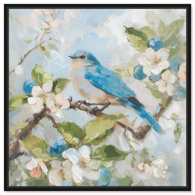 "Blissful Blue Bird" par Coast Art Farmhouse, H 13 po x l 13 po, Cadre noir