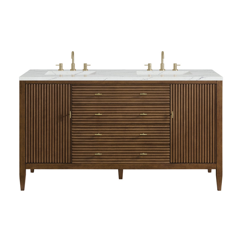 Myrrin 60'' W Double Vanity, Mid-Century Walnut, Ethereal Noctis, 8" Widespread