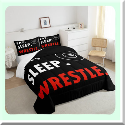 Ultimate Wrestle Dream Queen Comforter Set - Wrestling Sports Themed Bedding with Rodeo Black Red Design, Luxury Duvet Insert and 2 Pillowcases for Adult.