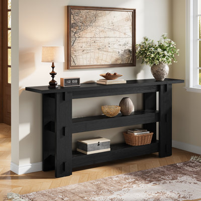 63-Inch Solid Wood Console Table, Farmhouse Sofa Table Behind Couch with Storage Shelves, Entryway Furniture for Living Room, Hallway, Foyer