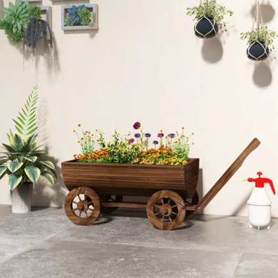 Boîte à fleurs en bois, chariot à fleurs style brouette mobile avec 4 roulettes et trou de drainage pour décoration de patio de jardin
