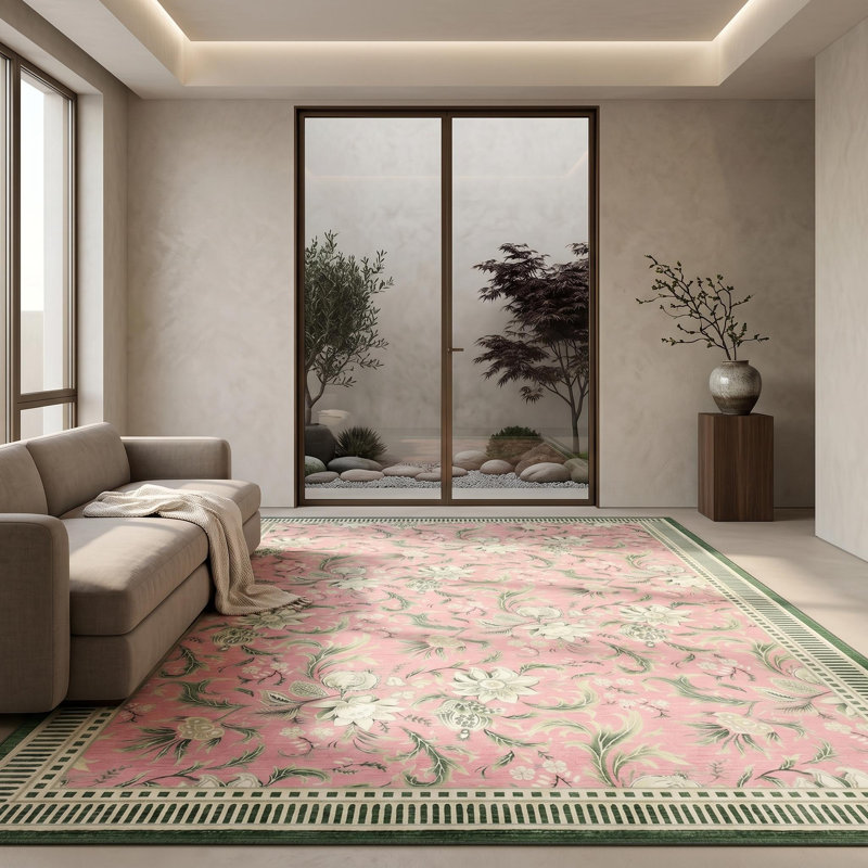 9x12 ft Large Washable Area Rug for Living Room - Modern Floral Leaf Print Carpet, Soft Velvet Texture, Non-Slip TPR Backing, Machine Washable, Pink