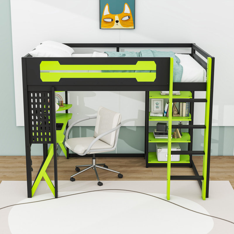 Full Wood Loft Bed with Desk, Shelves, LED Light and Power Outlet, Black Green