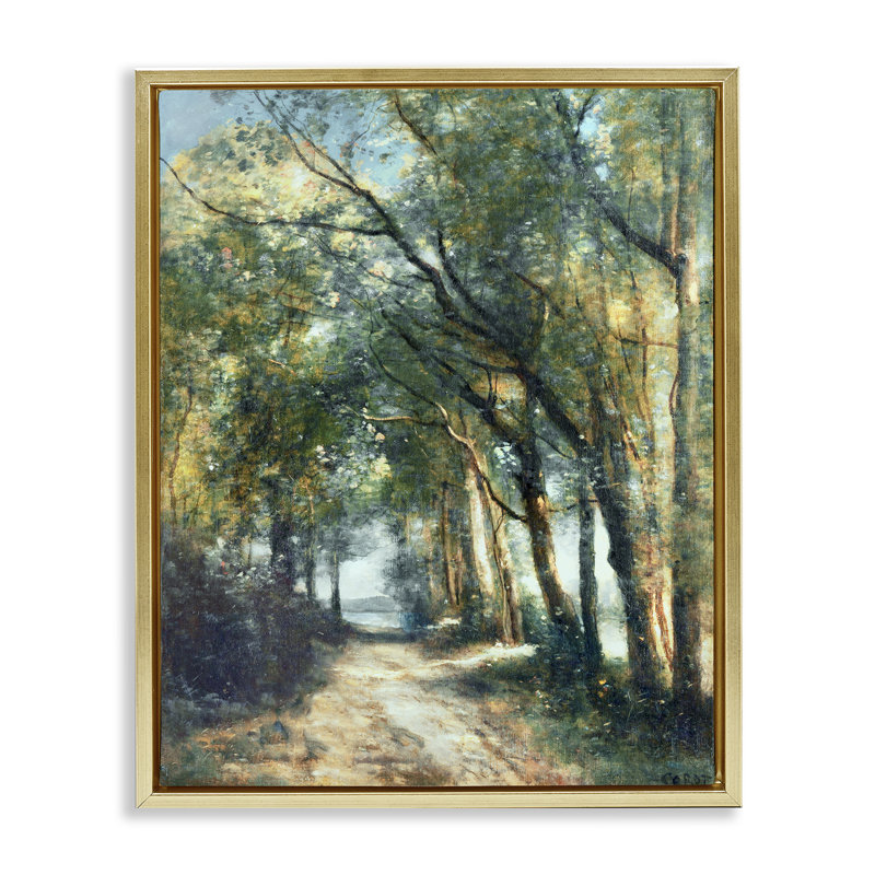 Forest Path Under Tree Canopy, 31" H x 25" W, Metallic Gold Floater Frame