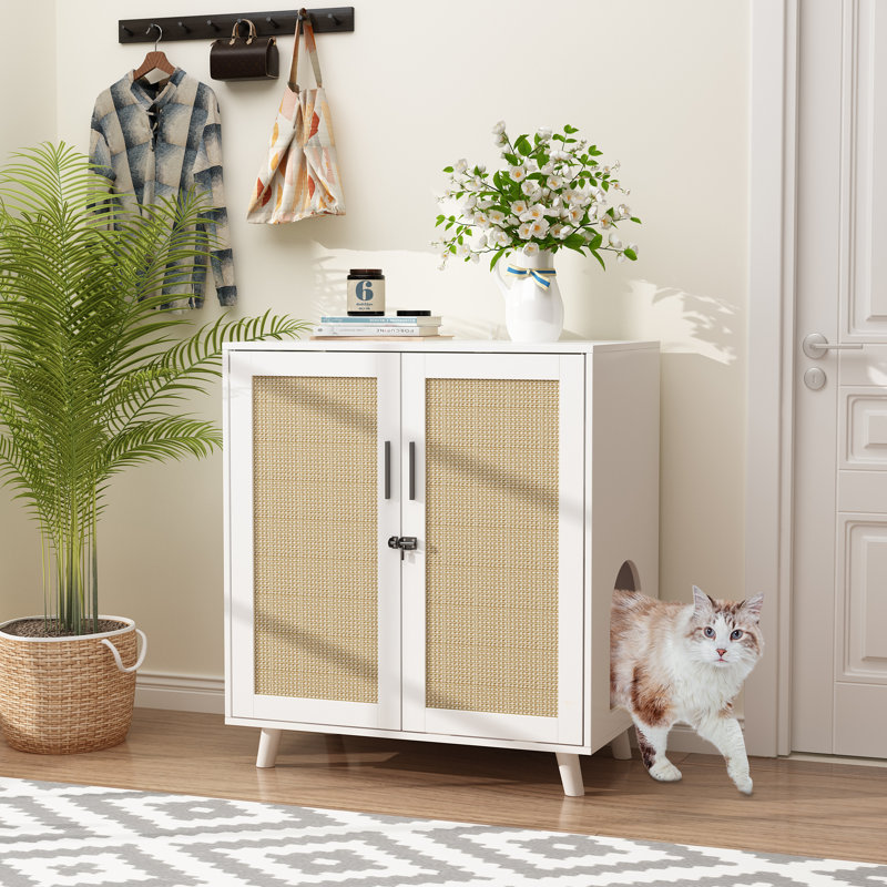 Enceinte de litière moderne pour chat avec serrure et porte en sisal, Blanc