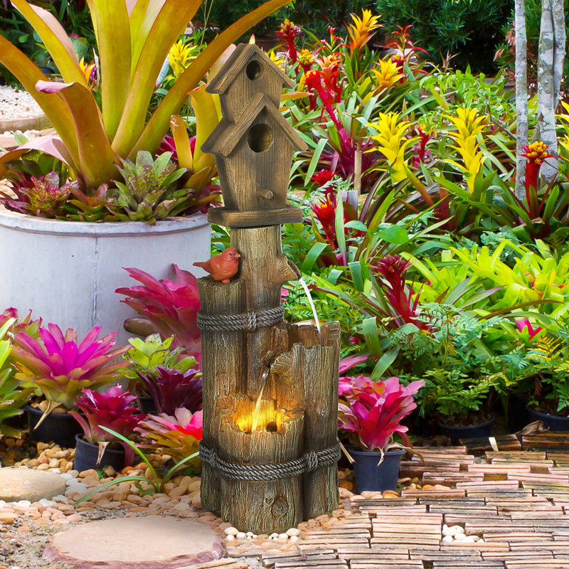Fontaine d'extérieur avec cabane à oiseaux Outsunny, bain d'oiseaux en cascade avec tronc d'arbre rustique à 3 niveaux, lumières DEL pour porche, terrasse, décor de jardin, brun