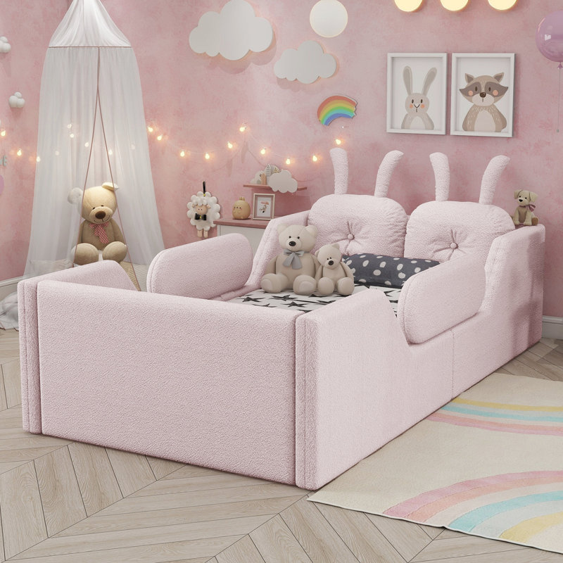 Lit plateforme tapissier simple avec coussin en lapin, lit tapissier pour enfants avec rails latéraux amovibles