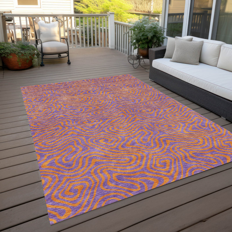 Purple and Orange Swirl Pattern Washable Synthetic Rug