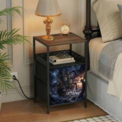 2 Drawers Nightstand with Charging Station, Bedroom Nightstand with USB Ports &amp; Outlets Open Shelf Black, night stand with Sea Battle Giant Kraken Tentacles Attacking Dark Sailing Ship Stormy Print