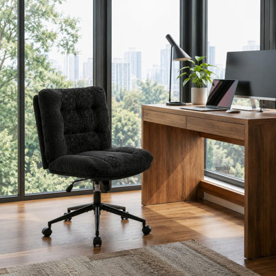 Fauteuil de bureau 1 pièce à accoudoirs larges avec roulettes, fauteuil de bureau en chenille douce, fauteuil de coiffeuse pivotant à double coussin et hauteur réglable pour la chambre à coucher dans un bureau personnel