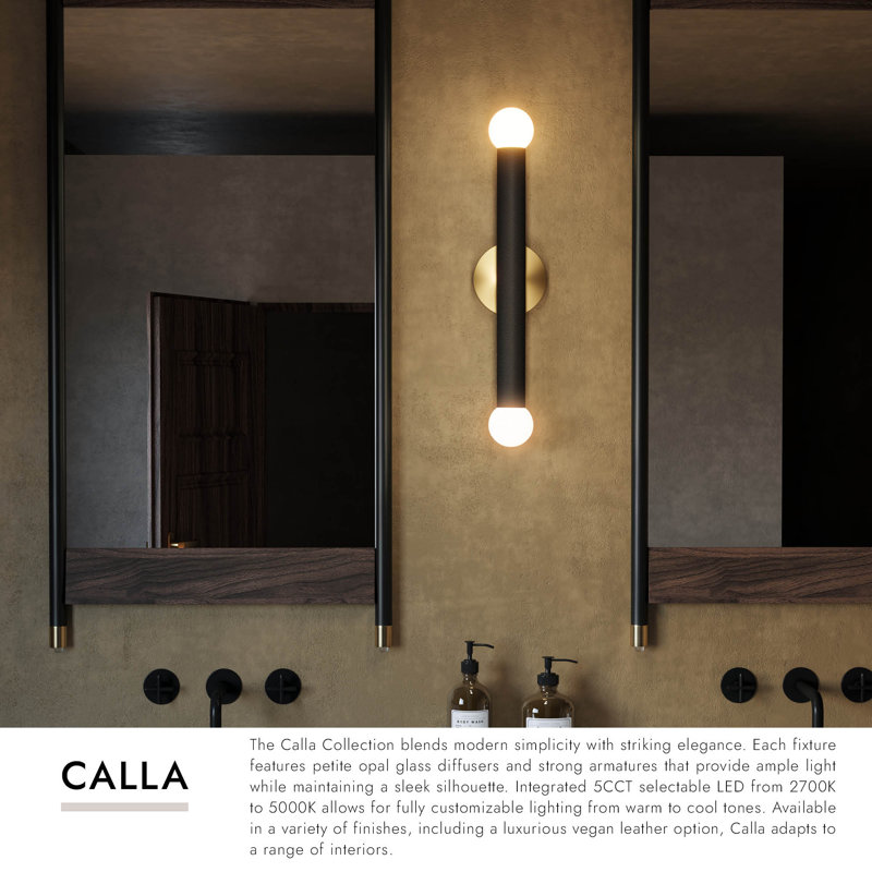 2 - Light LED Vanity Light, Brushed Gold/Black Vegan Leather
