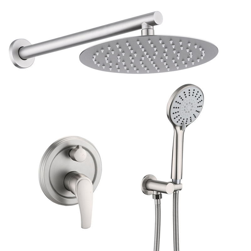 10 Inches Shower With High Rain Head And 5 Handheld, Wall Mounted, Brushed Nickel, Stainless Steel Construction Mounted Design