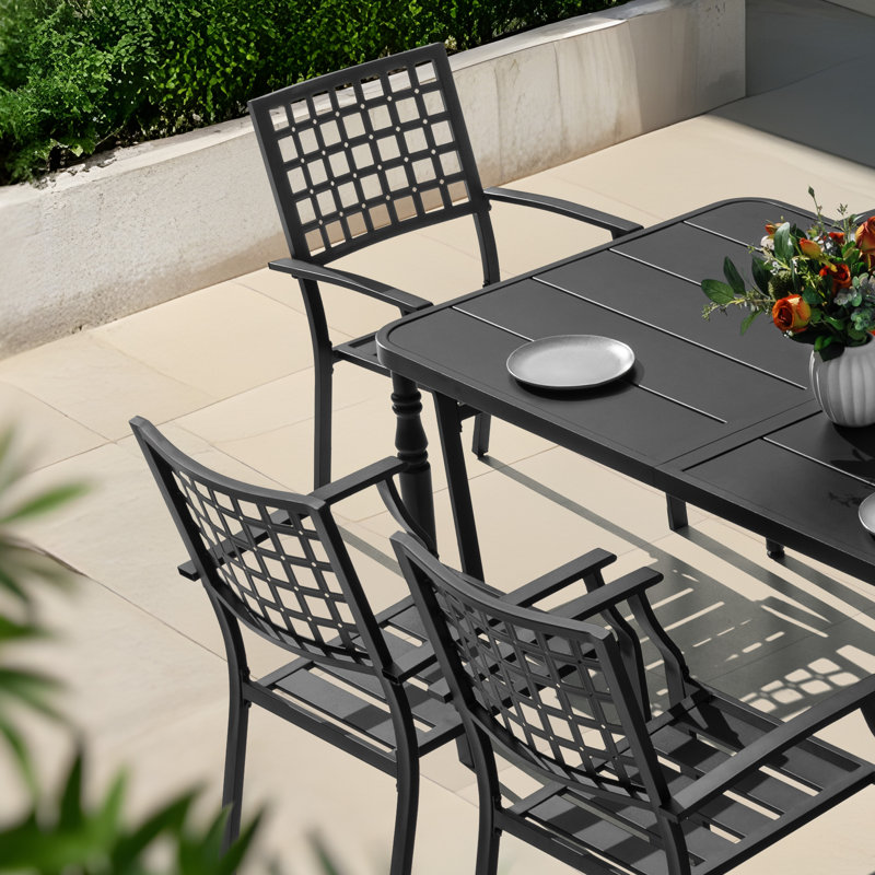 7-piece Outdoor Dining Set With Umbrella Hole, Stackable Chairs, Black