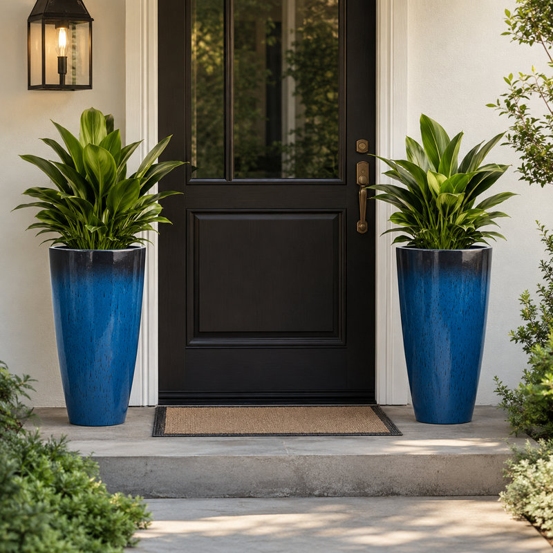 Ensemble de 2 pots à fleurs en résine artificielle brillante avec soucoupes et écrans de drainage Modern Modern, Bleu, 2