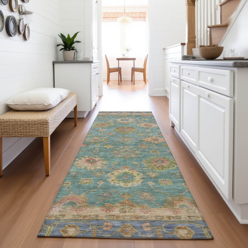 Tapis bleu sarcelle Xhevrie lavable à la machine intérieur / extérieur, Tapis de couloir 2 pi 3 po x 7 pi 6 po