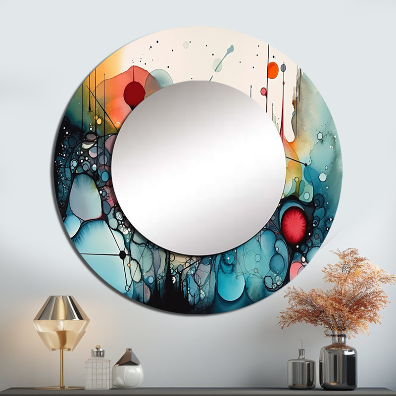 Pertee vert et orange éthéré Terrains III - grand miroir paysager, miroir mural rond rond vert, impression d'art en métal
