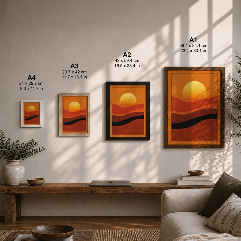 Sun Over Layered Hills Modern - Print, A2 - 59.4 x 42.0 cm, Oak